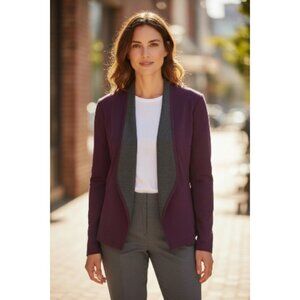 Chicos Cardigan Sweater Womens 2/Large Purple Gray Open Front Minimalist Classic